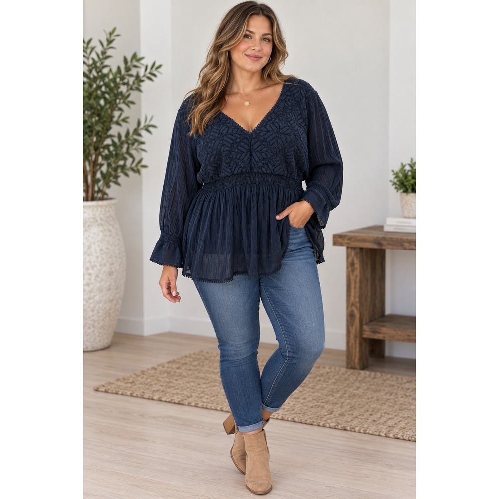 Boho Cottagecore Whimsgoth Navy Embroidered Smocked Waist Peplum Blouse XXL